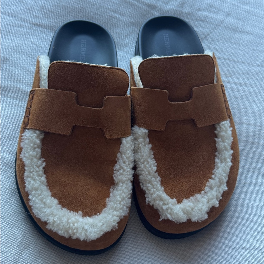 Hermes Brown Suede Mules with Shearling Trim